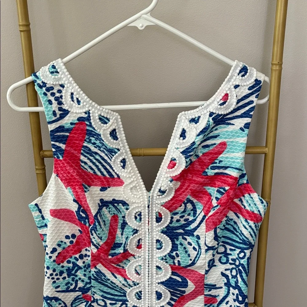 Excellent condition! Rare, Lilly Pulitzer Coral, Navy & Aqua Print Shift Dress - Picture 2 of 8